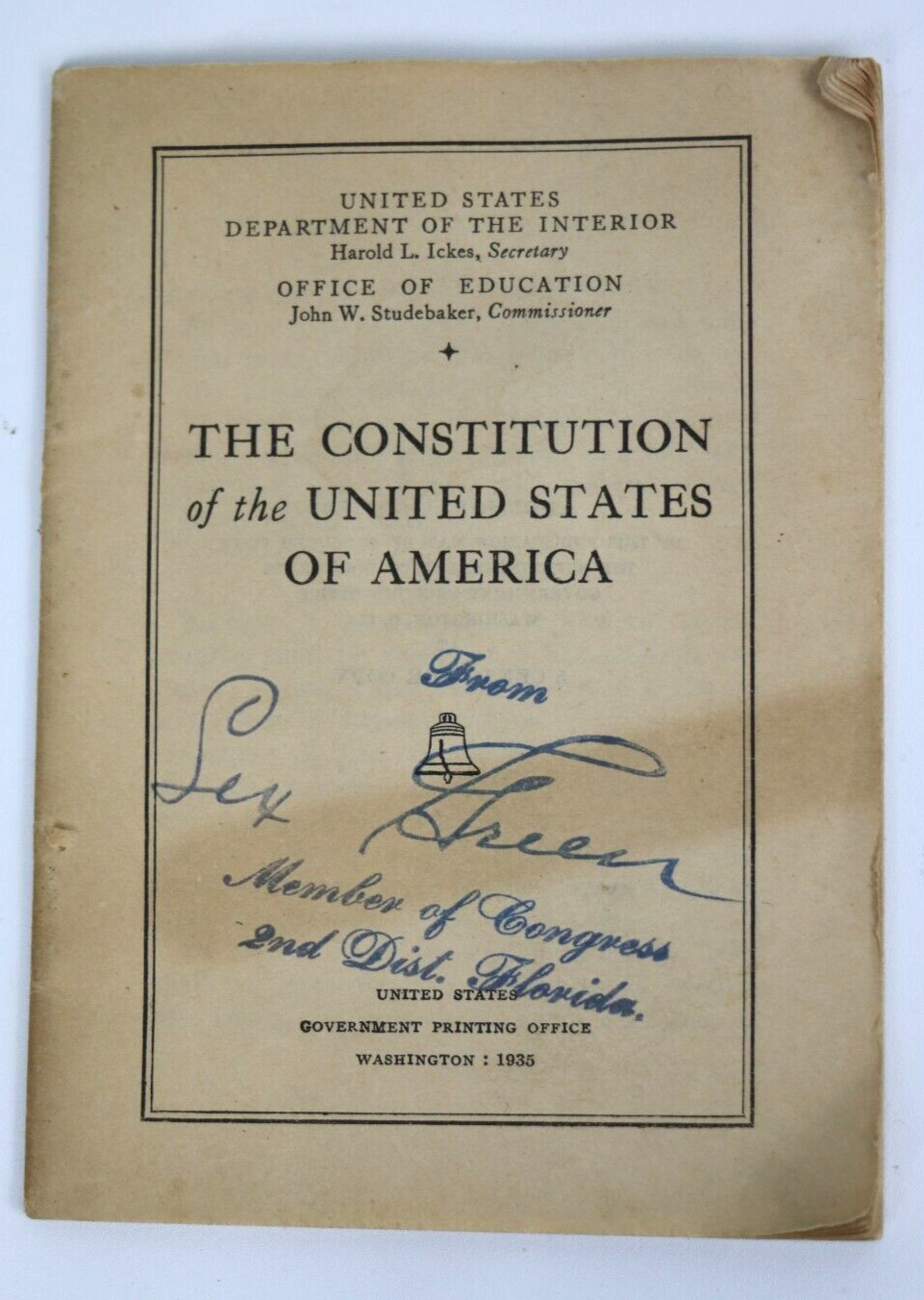 Vintage Copy THE CONSTITUTION of the UNITED STATES 1935, Stamped FL Congressman