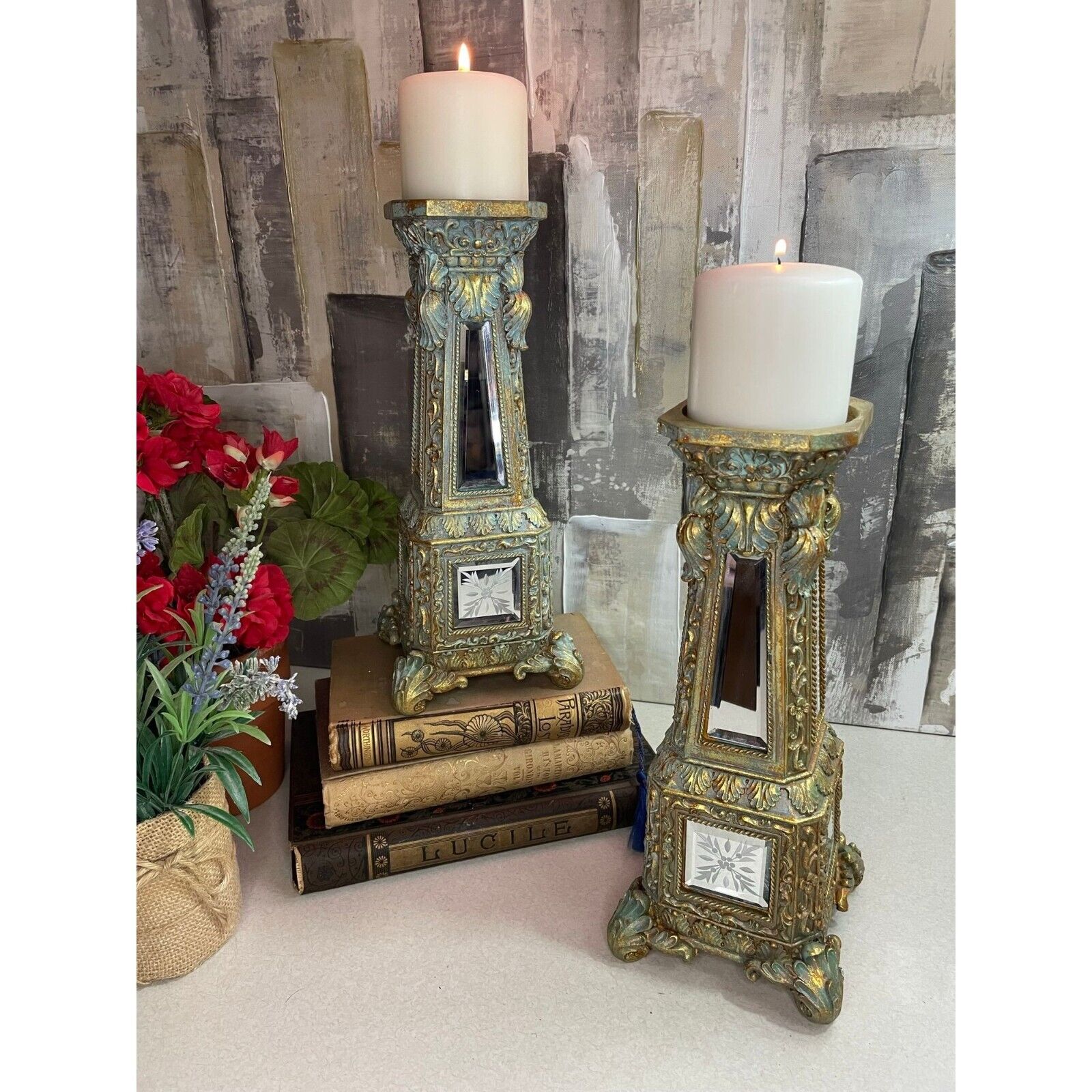Stratford Home Ornate Mirror & Patina Pair Candle Holders Candlesticks Brass