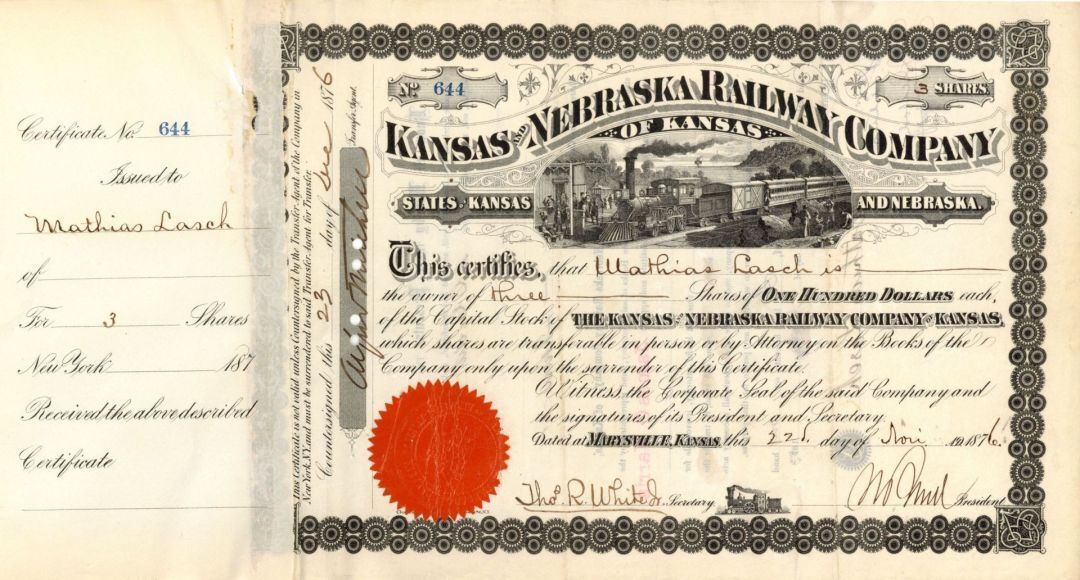 Kansas and Nebraska Railway Co. - 1876 dated Stock Certificate - Railroad Stocks