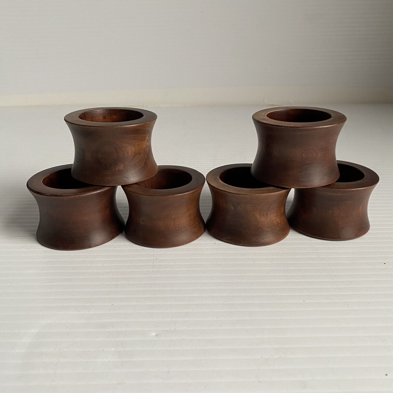 Mid Century Modern Napkin Rings Teak Wood 6pc Set Wooden Brown Danish Vintage
