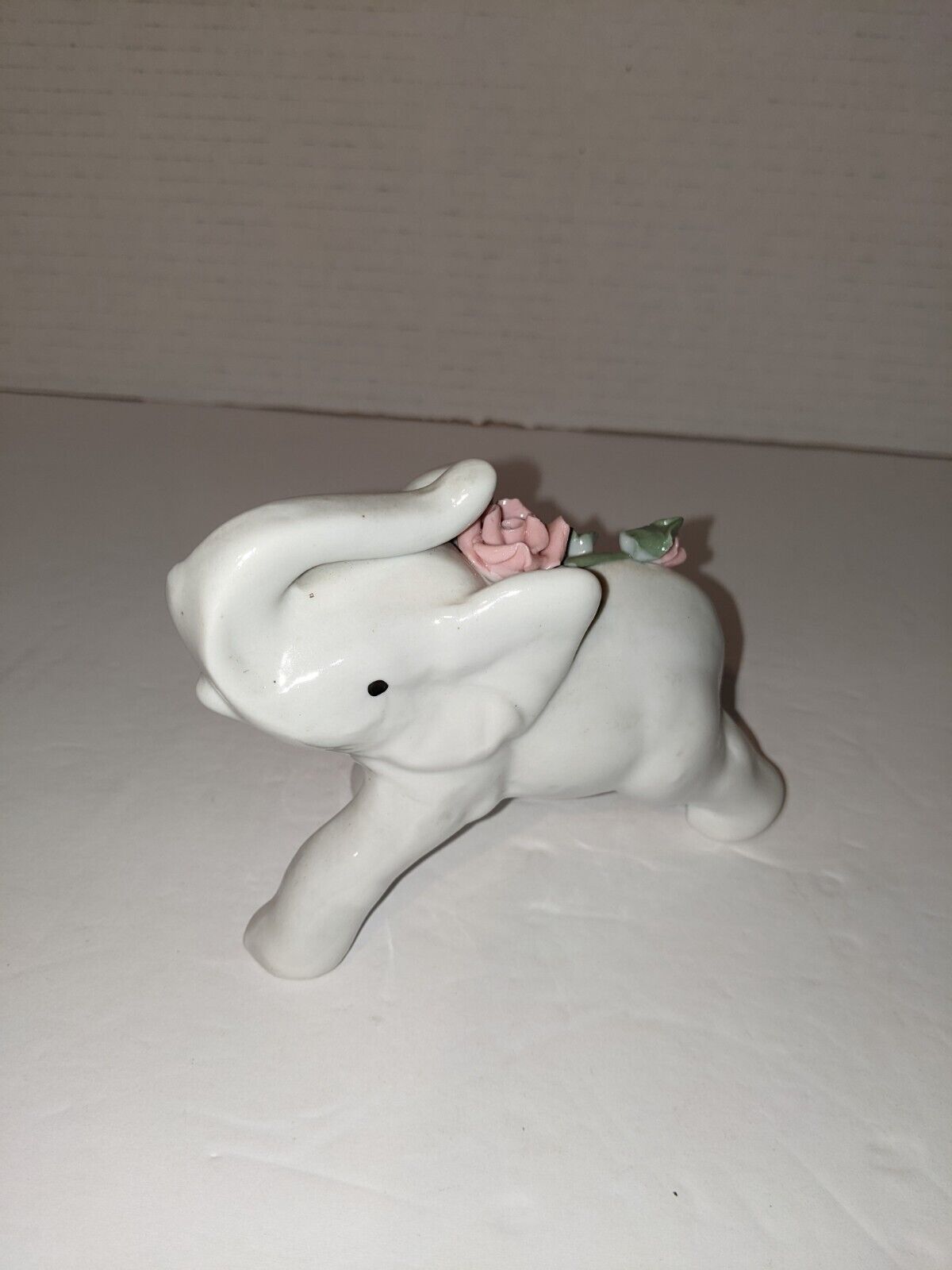 Vintage White Ceramic Elephant With Pink Flowers