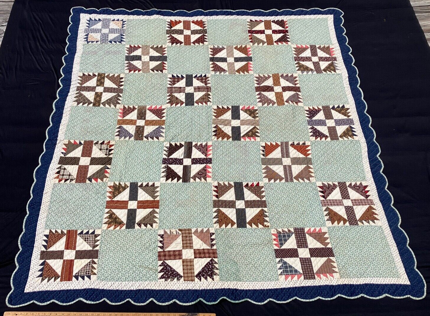 Antique Early 1900's Delectable Mountain Quilt Blue Brown and White