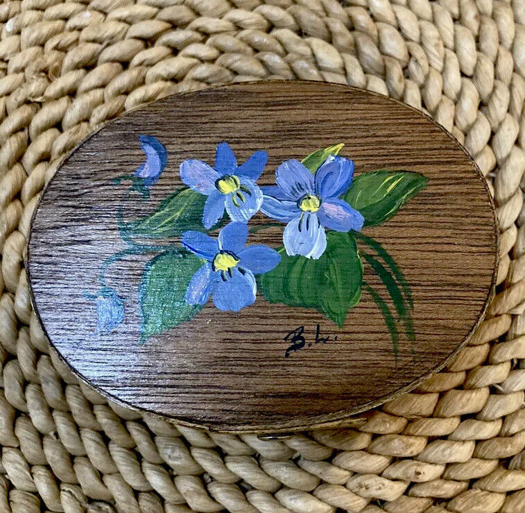 Vintage Hand Painted Oval Wooden Shaker Box Signed by Artist Violets