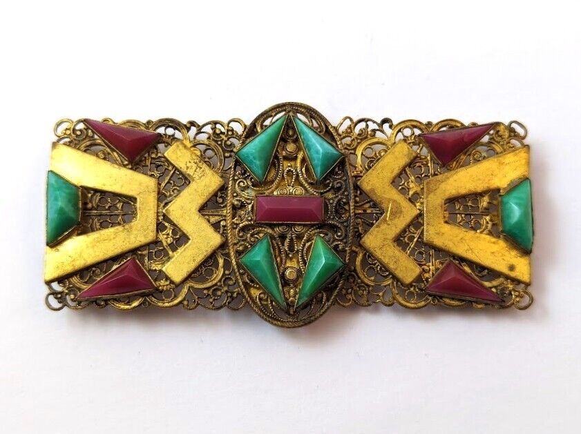 Vintage Czech Glass Belt Buckle in Brass, 1920's, Vintage Belts and Jewelry