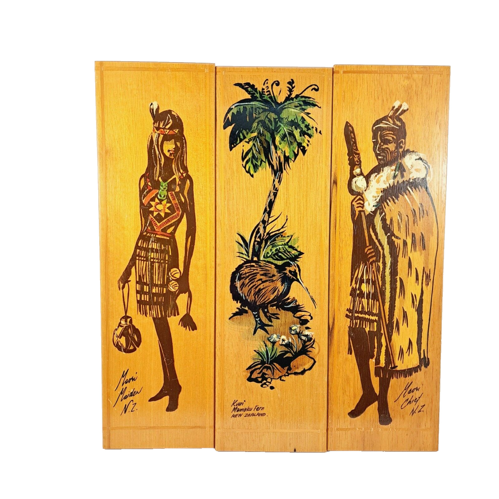RARE MCM Tiki Set of 3 Teak Painted NZ Maori Maiden, Kiwi, & Chief Wall Plaques