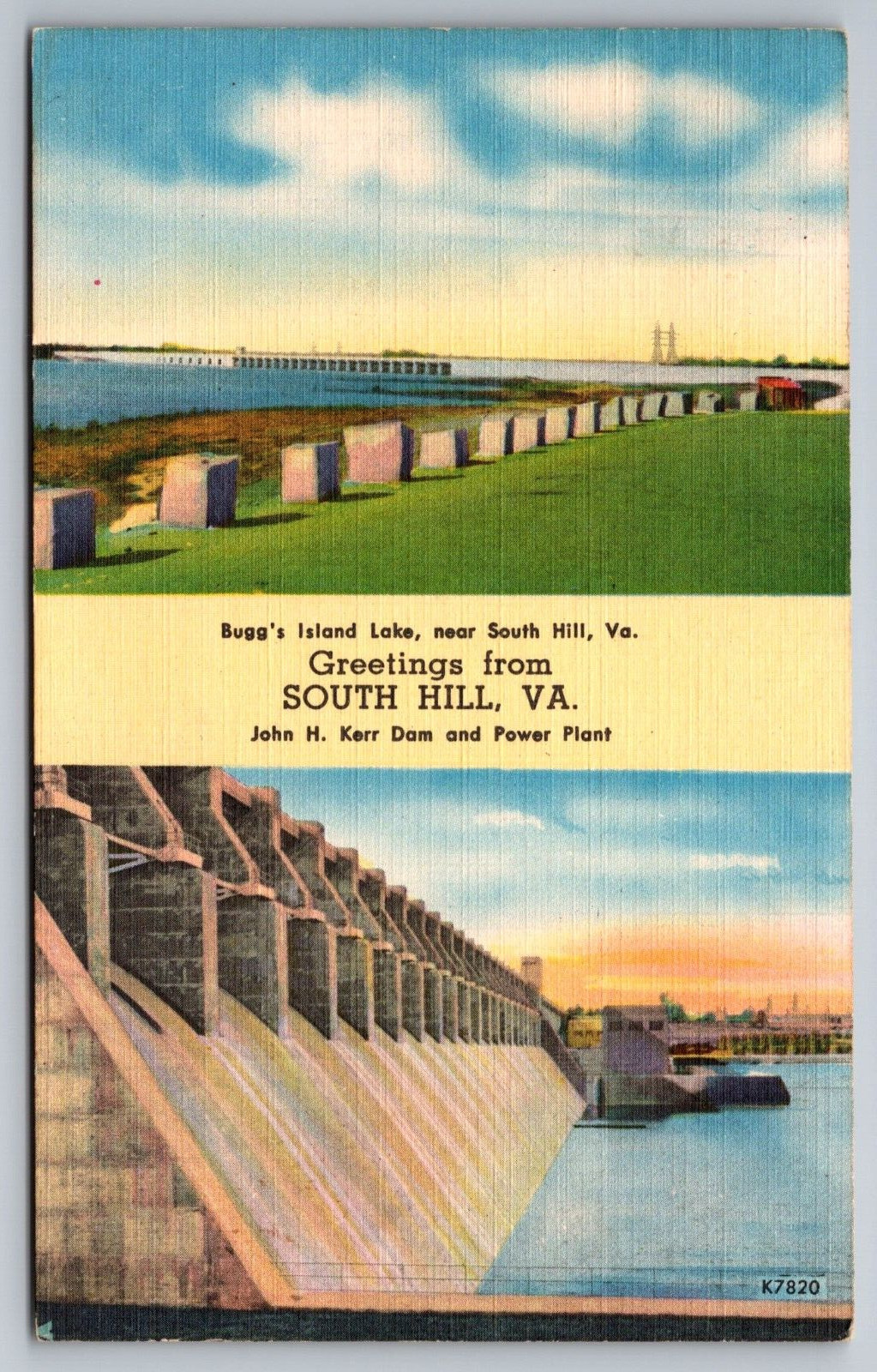 Greetings From South Hill VA Bugg\'s Island Lake and Dam Views Linen Postcard