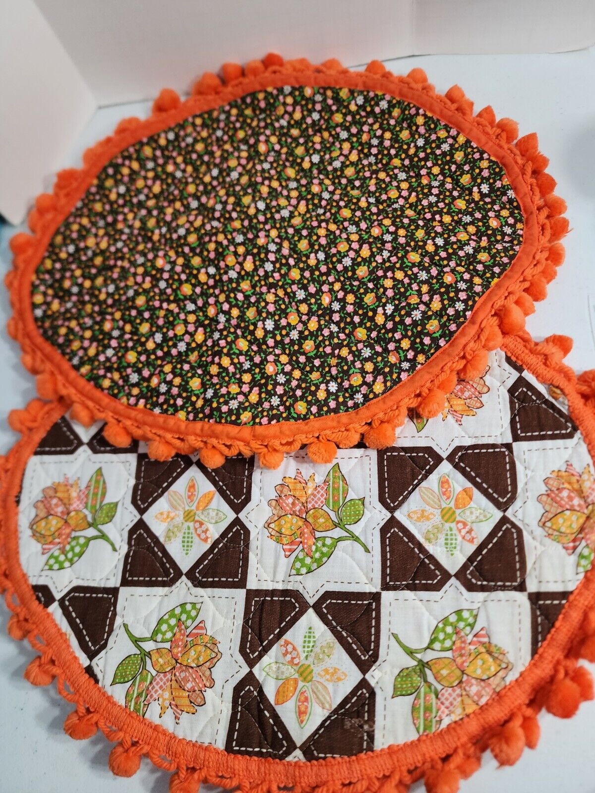 4 Vintage Quilted Hand Made Reversible Floral Oval Placemats Orange Ball Trim