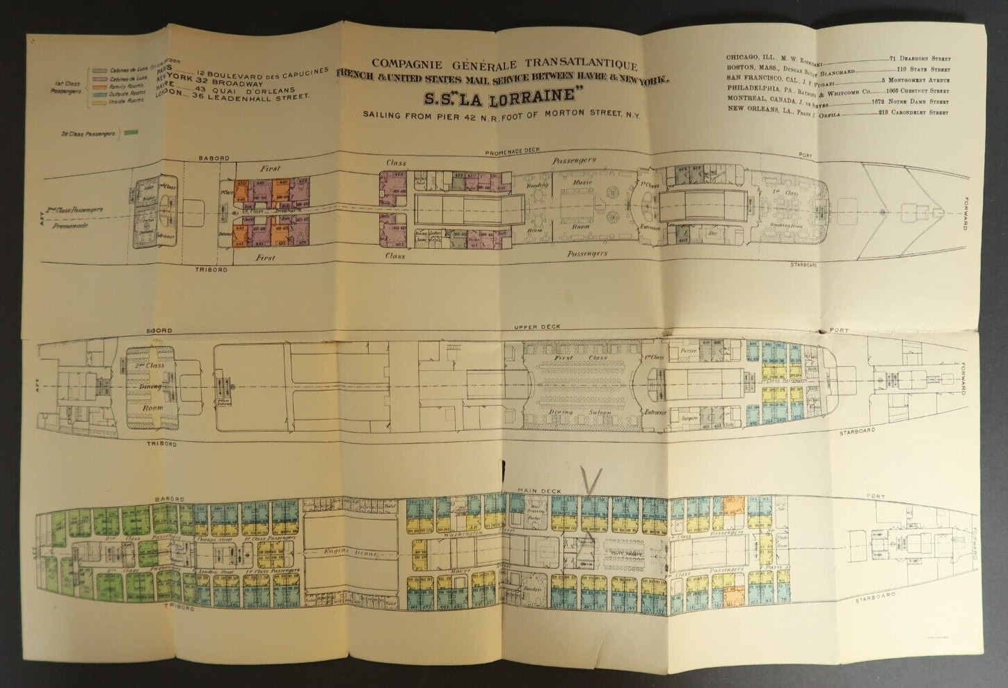 S.S. La Lorraine French & US Mail Ship Colored Deck Plan Cabin Boat Blueprints
