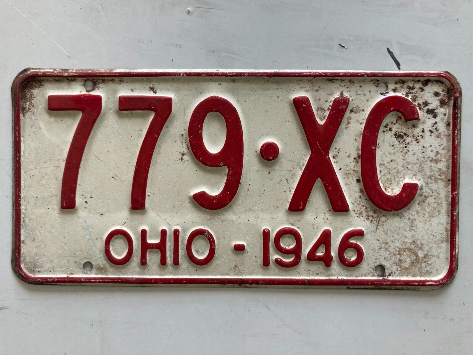 1946 OHIO LICENSE PLATE 779 XC MAN CAVE CHEVY FORD DODGE CHRYSLER HOT ROD AUTO