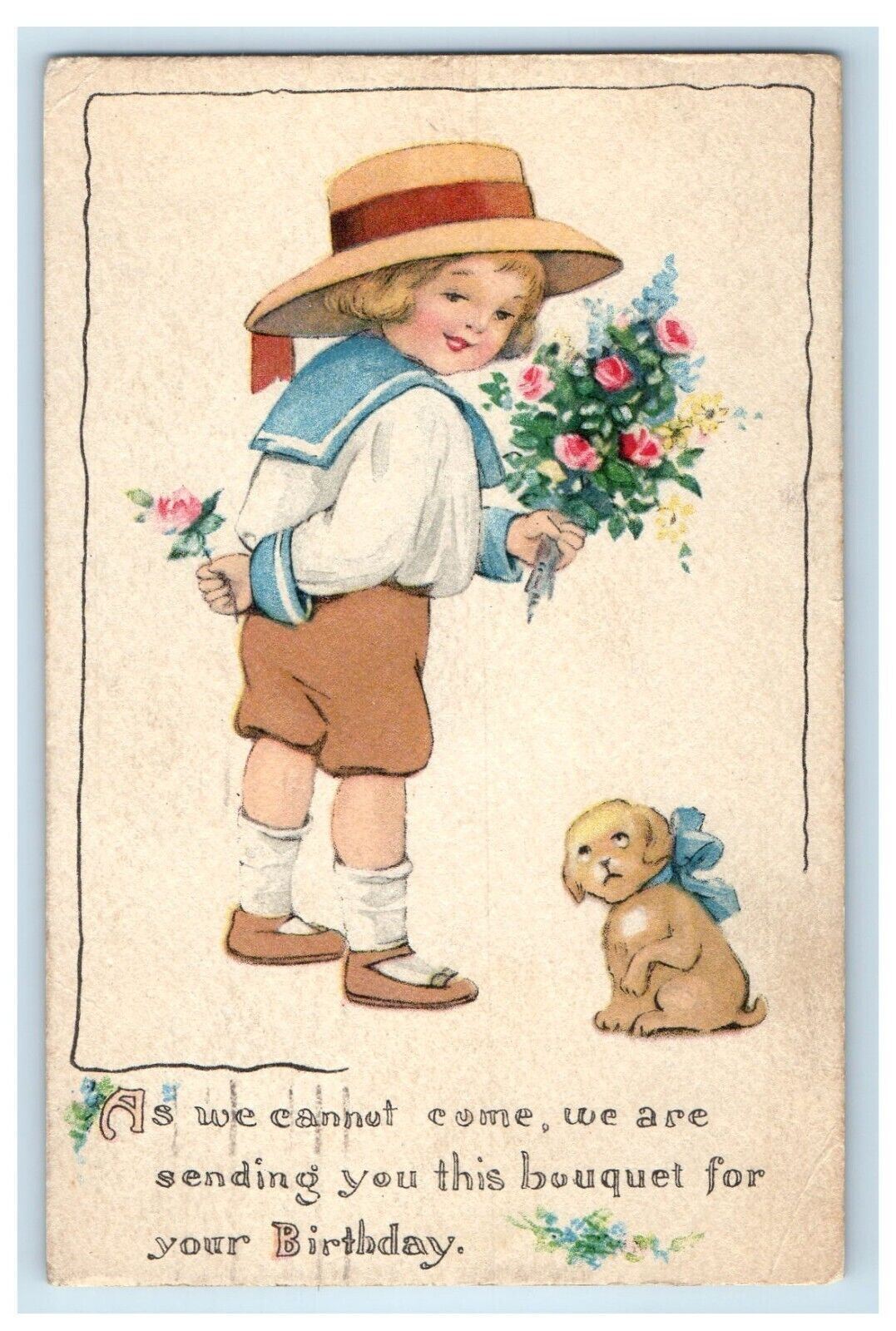 1920 Birthday Boy With Boquet Of Flowers And Dog Present Antique Postcard