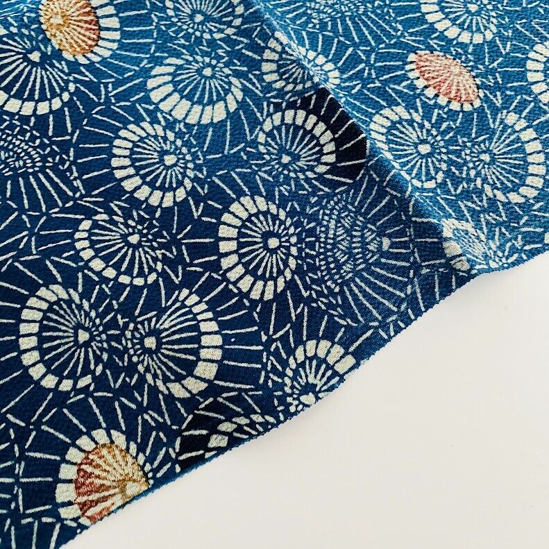 Blue Parasol #B 12.5x58 Vintage Chirimen Japanese Kimono Silk Fabric CF56