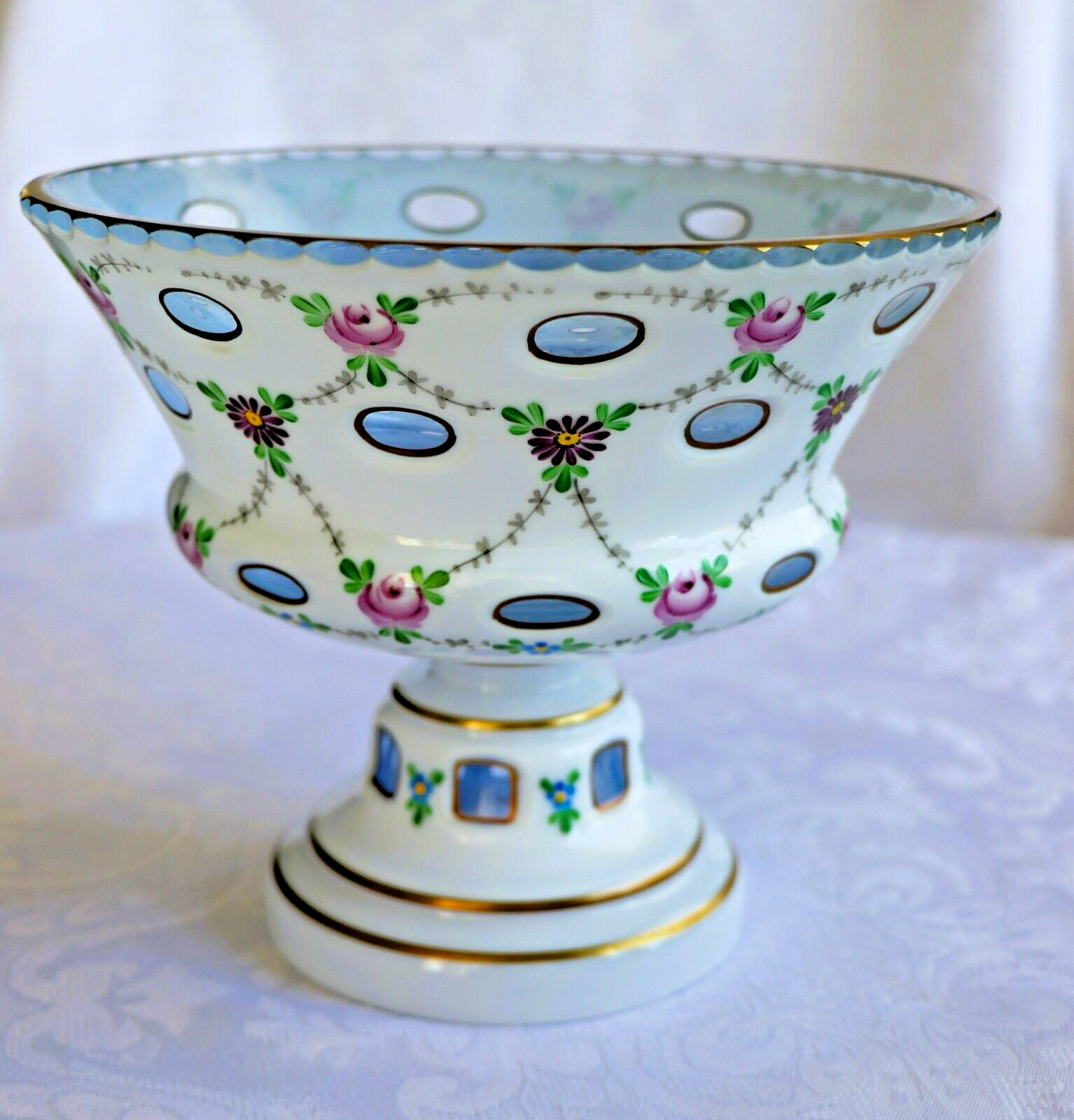 VTG Rare Murano Art Glass Bowl on Pedestal Hand Painted Flowers Gold Trim