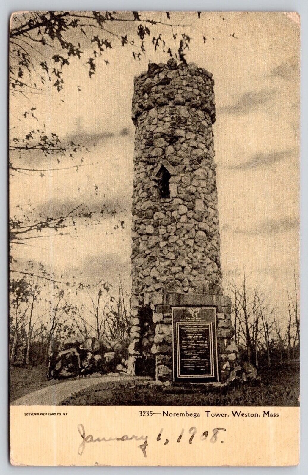 Norembega Tower Weston Massachusetts Black White Cancel 1908 Antique PM Postcard
