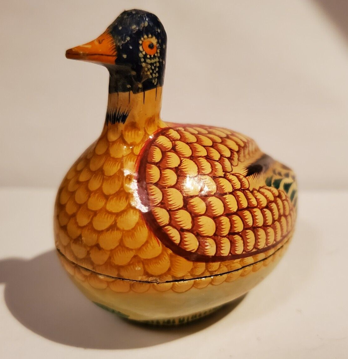 Vtg Kashmir India Handcrafted Painted Paper Mache Lacquer Mini Trinket Box DUCK