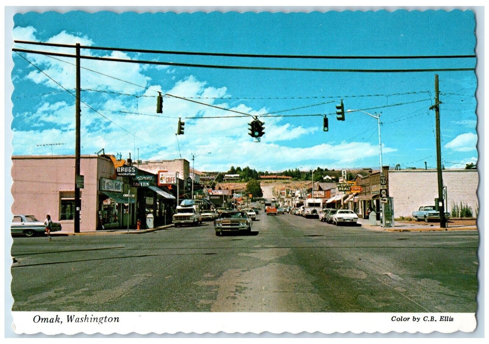 Omaka Washington WA Postcard Main Street Drugs Store Cafe Cars Stores c1960\'s