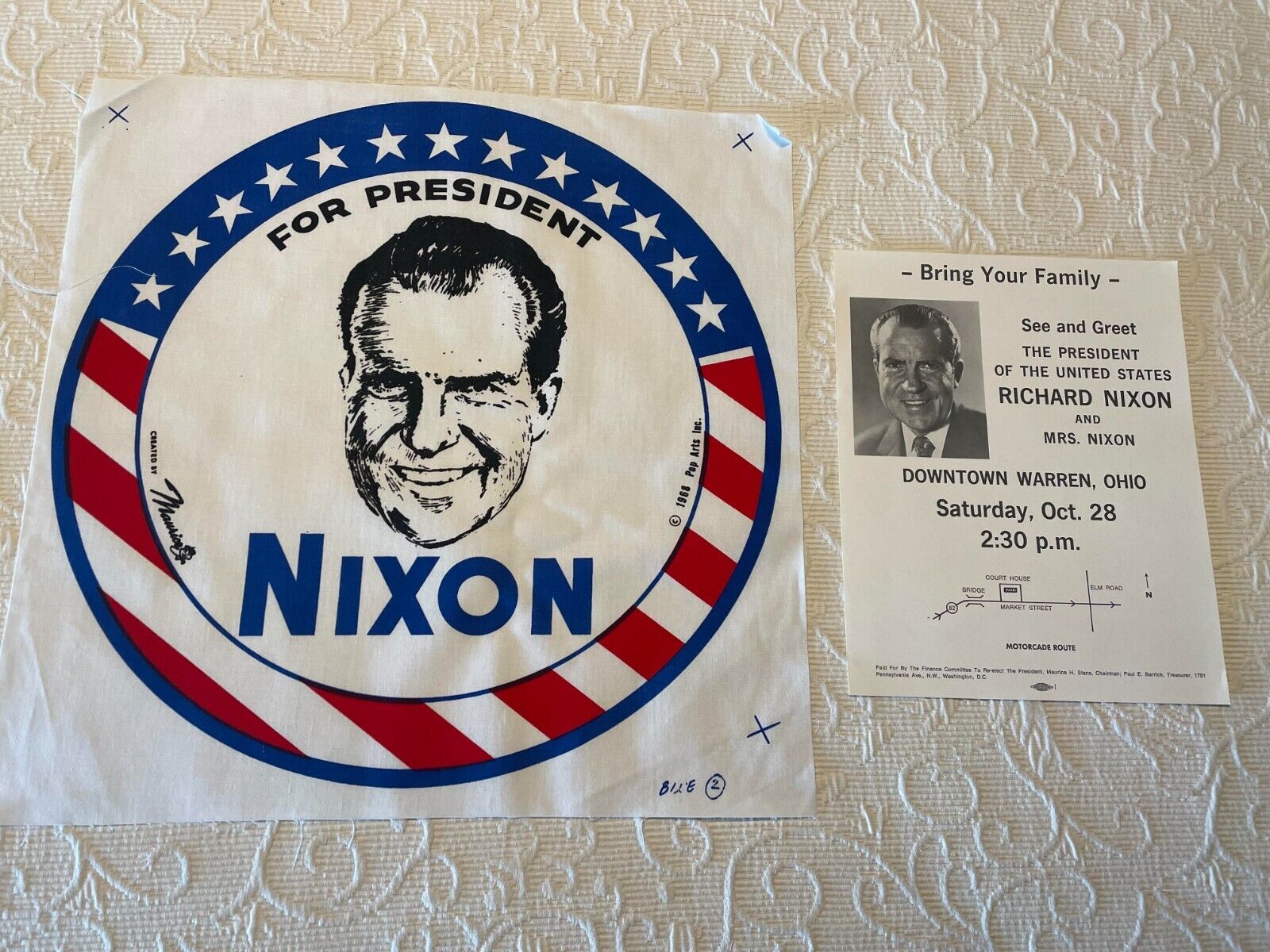 1968 and 1972 RICHARD NIXON campaign items: large fabric square, rally broadside