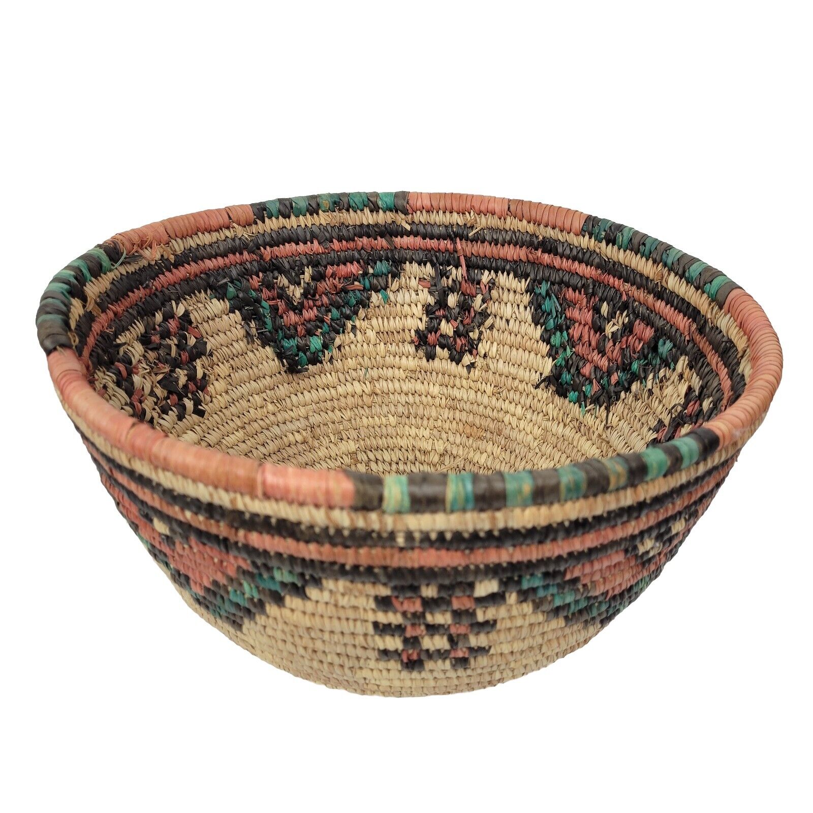 Nigerian Hausa Woven Coiled Grass Bowl Basket Africa Red~Teal Green~Brown~11