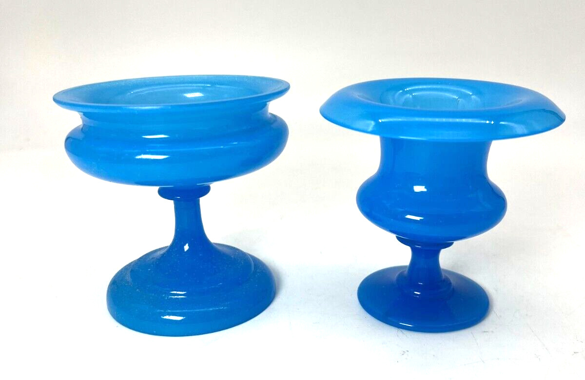 Antique French  Pair of Blue Opaline Vase and Sweet Meat Vase