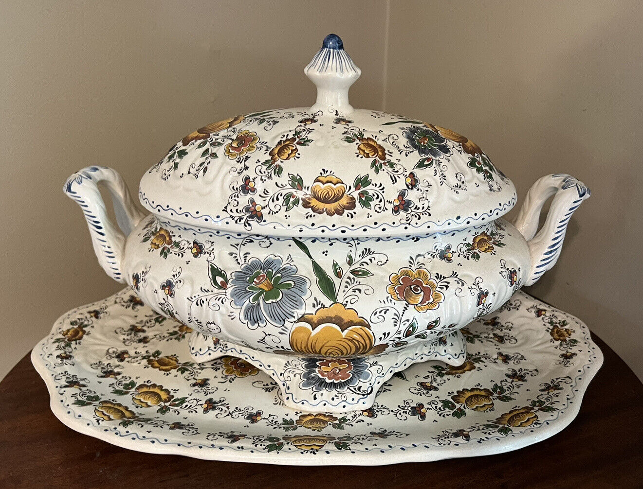 RARE 1960's Delft's Hand Painted by Jema Holland Soup Tureen w/Lid and Tray