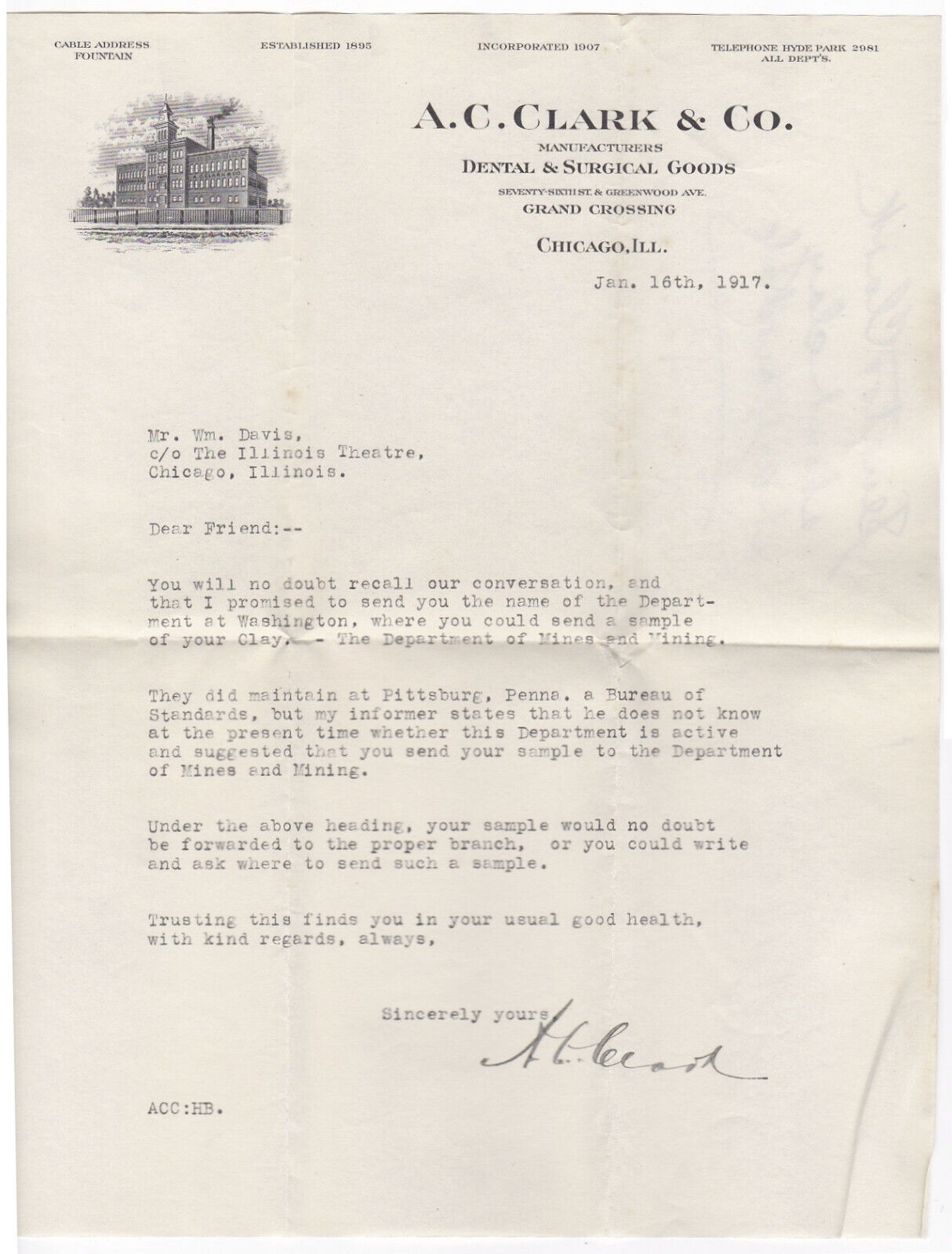 1917 Signed Letter Illinois State Senator Albert Clark