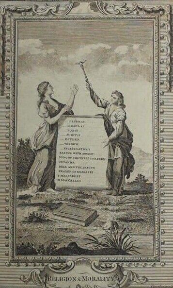 c1790 9x15 BIBLE LEAF Copper Plate Engraving Apocrypha Frontispiece Morality