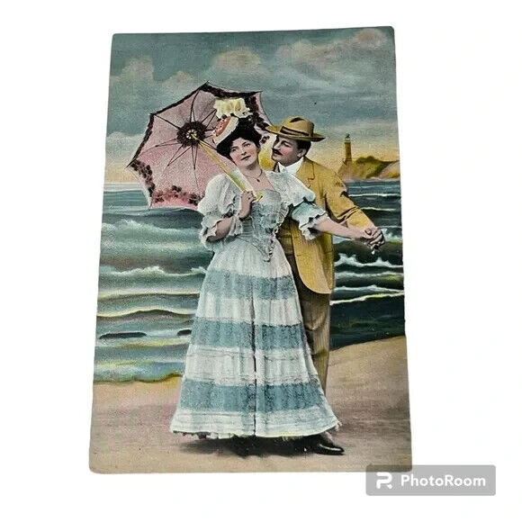 Postcard Woman Man On Beach With Parasol Lighthouse Romantic Vintage A170