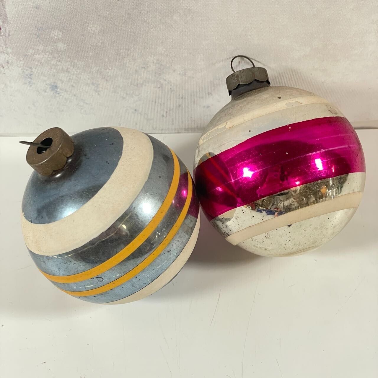 Vintage Shiny Brite Mercury Glass Striped Christmas Ornaments 2pc 2.75\