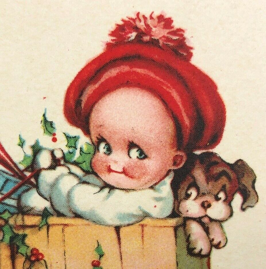 Vintage Antique Christmas Card 1940s Kewpie Doll Puppy Sleigh Dog Presents RARE