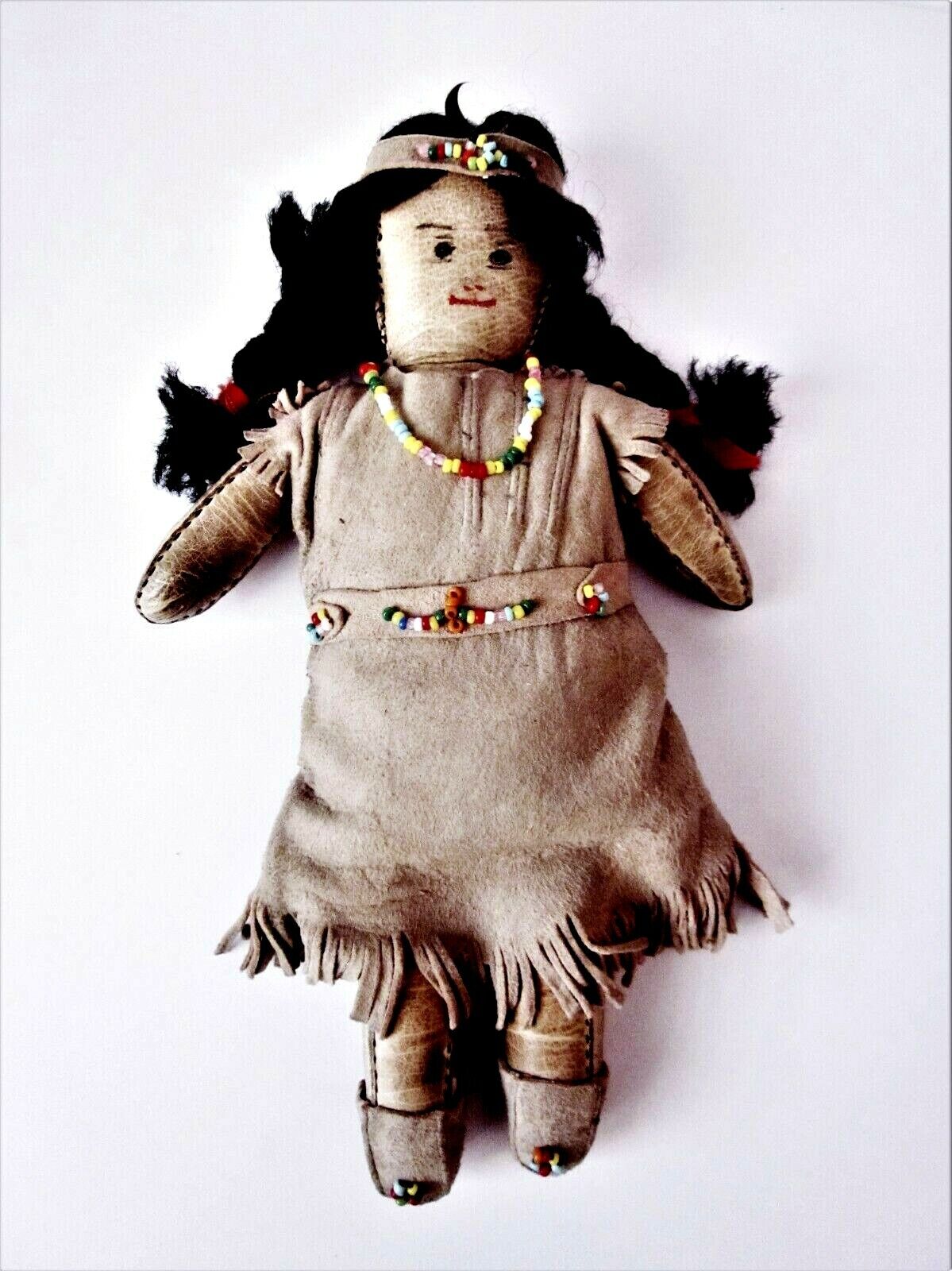 Antique Folk Art Indigenous Doll Handmade Leather w/ Beads - 8\
