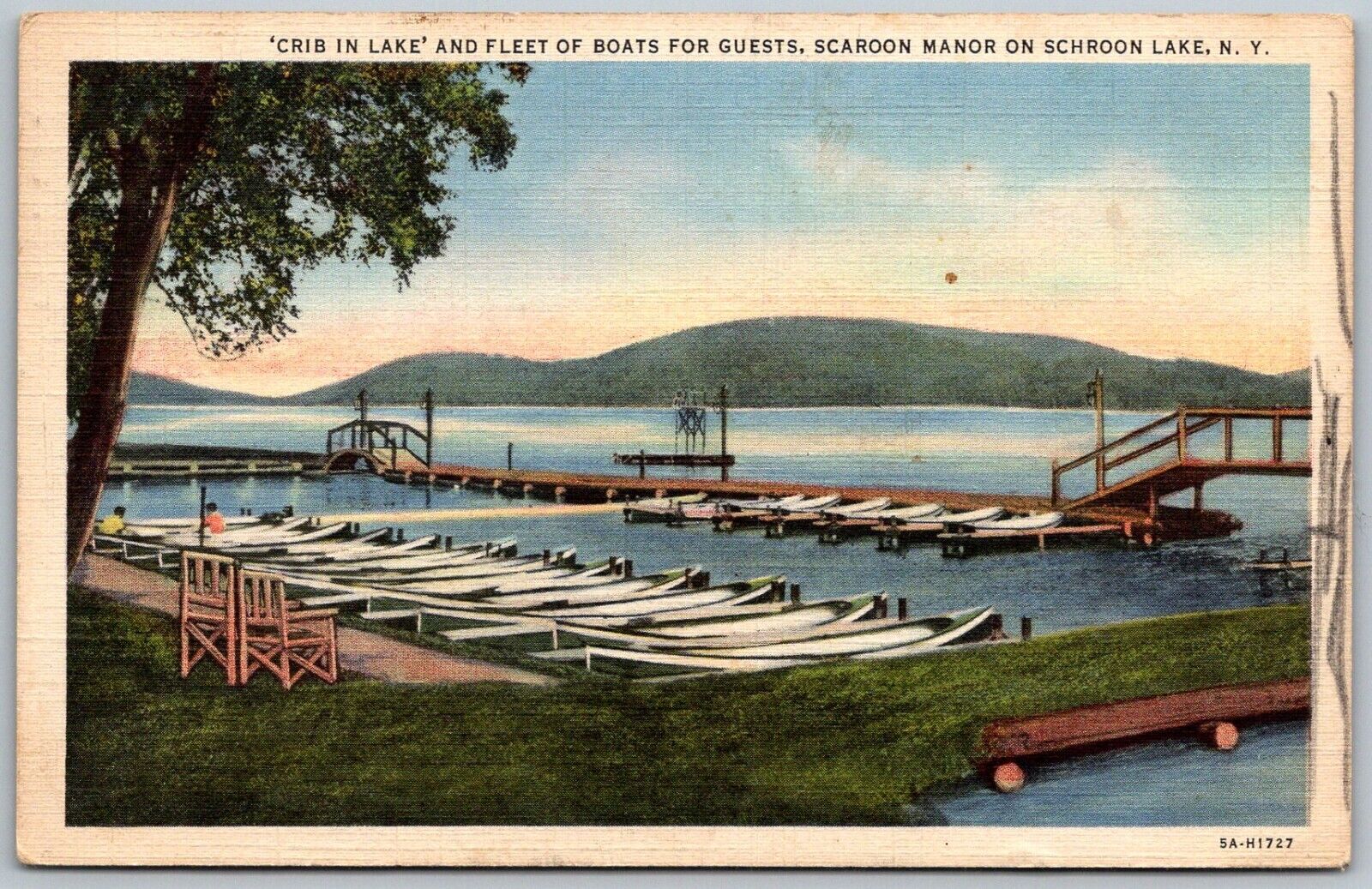 Schroon Lake New York 1937 Postcard Scaroon Manor Crib In Lake Fleet Of Boats