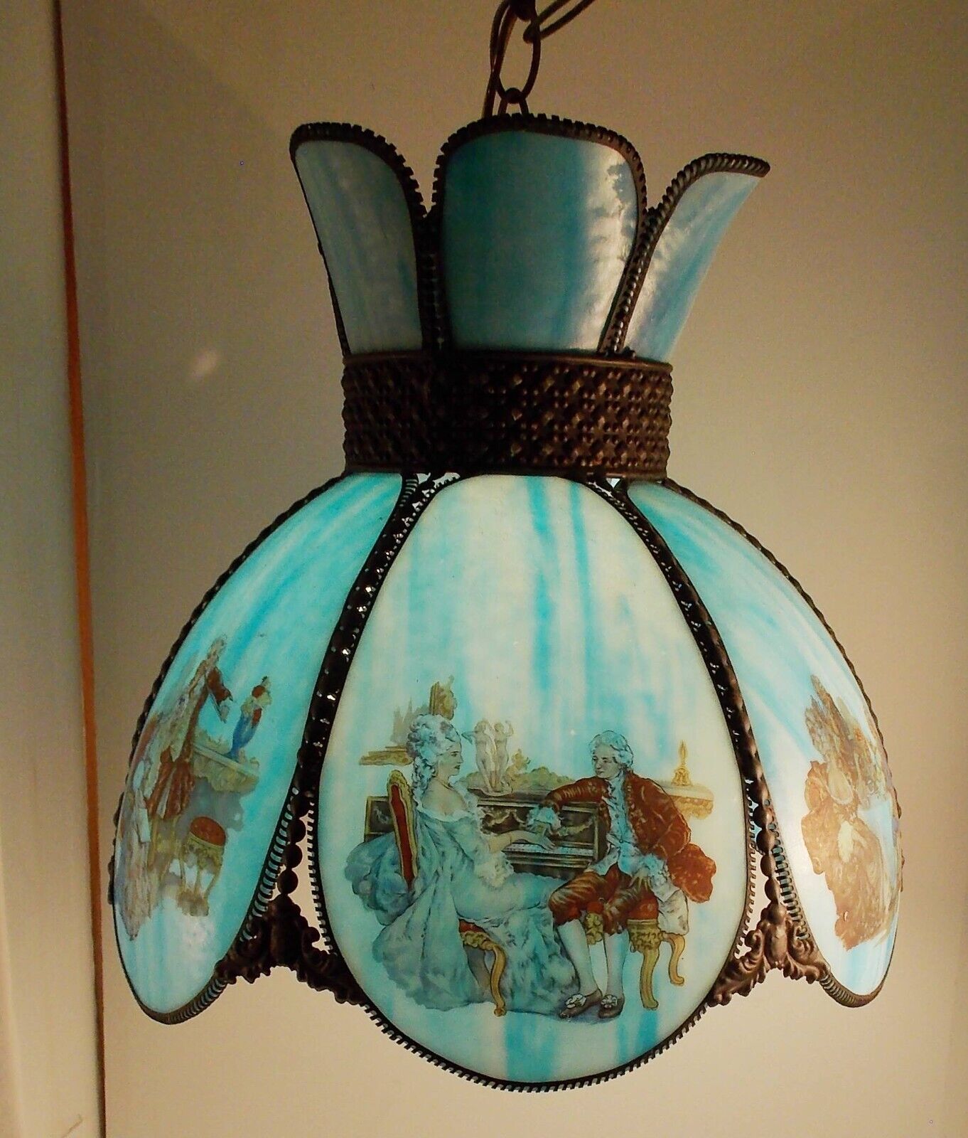 Slag Glass 6 panel Swag Lamp Blue w Victorian couple images vintage 12x13.5