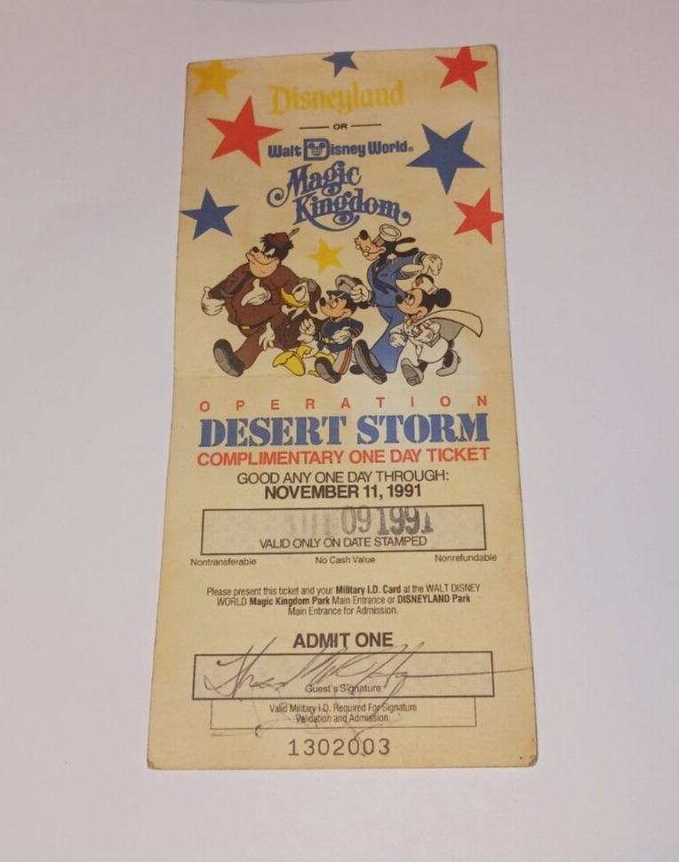 Disneyland Disney World Desert Storm Complimentary Ticket November 11 1991