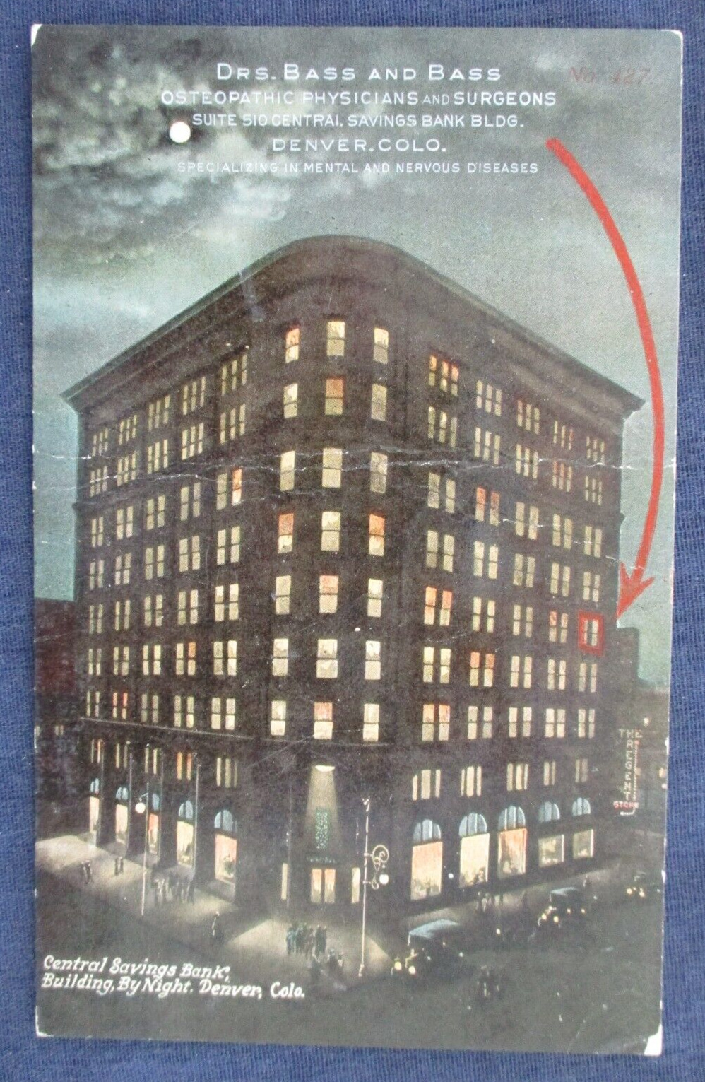 ca1910 Denver Colorado Bank Building Night Doctors Office Advertising Postcard