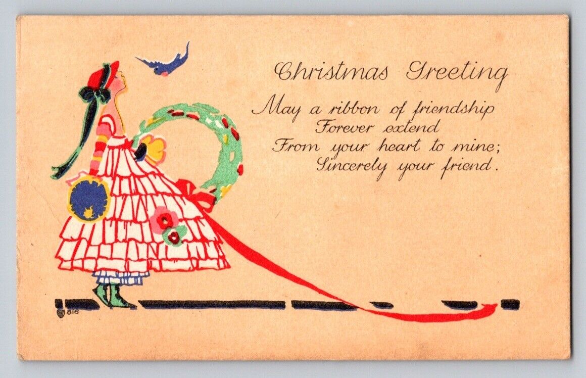 c1915-20s Woman Dress Bluebird Bright Colors Wreath Christmas P325