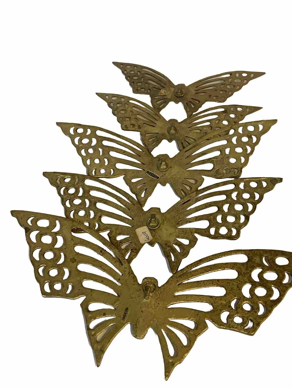 Rare Vintage Graduated Brass Butterfly Set of 5 Wall Plaques Hanging MCM