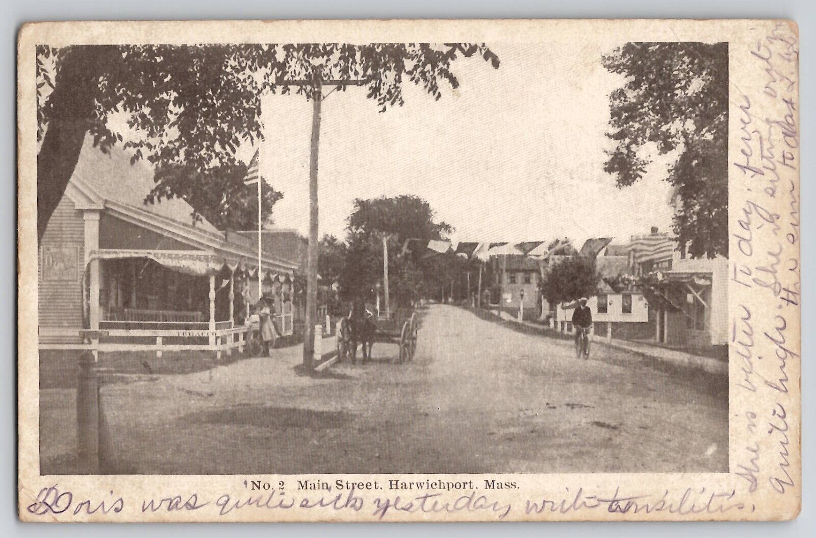 Main Street View Harwichport Harwich Port MA Postcard 1906 Bicycle Horse Buggy