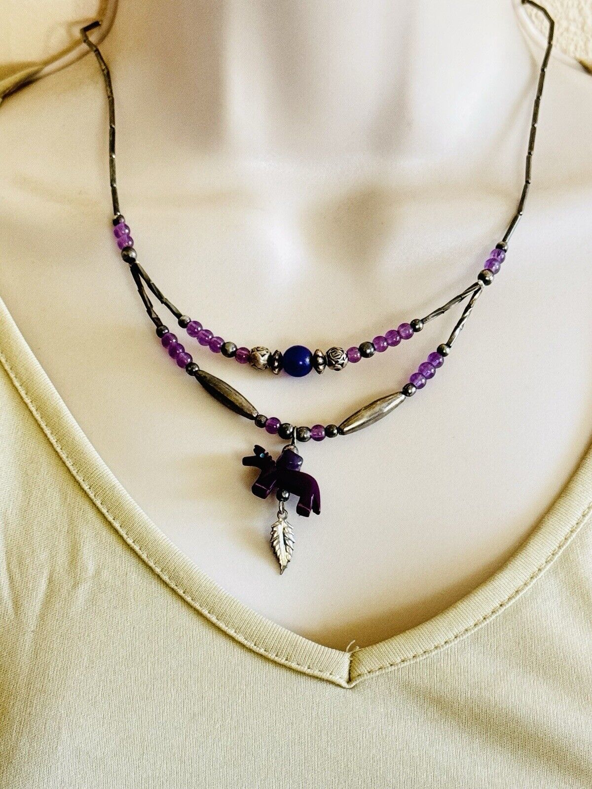 VTG Fetish Purple Turquoise Amethyst Zuni Fox Necklace Navajo Natural beads 925