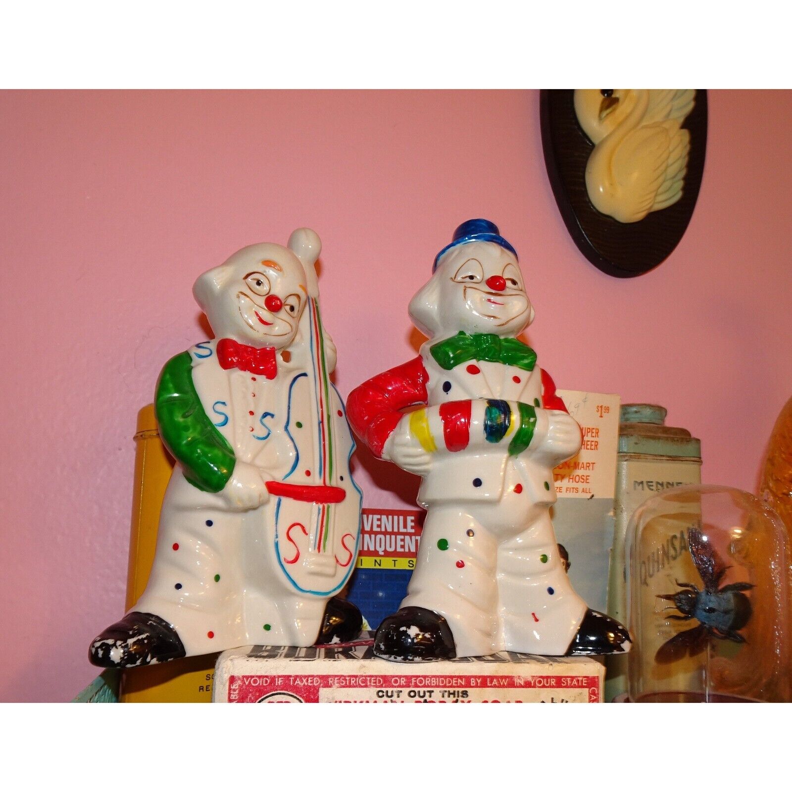 Vintage Two Ceramic Clowns Playing Instruments cello accordion oddity creepy