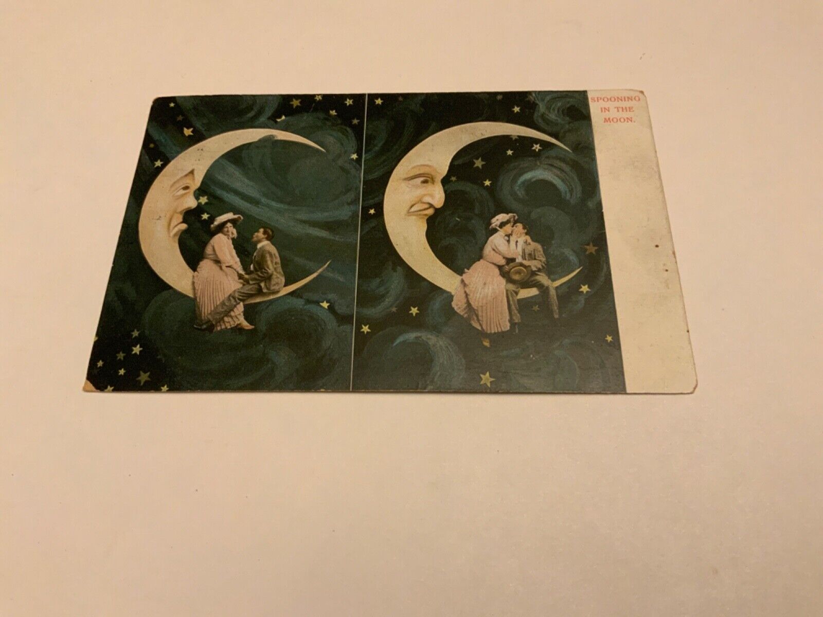 Spooning in the Moon ~ Lovers /Stars / Crescent Moon - 1907 Antique Postcard