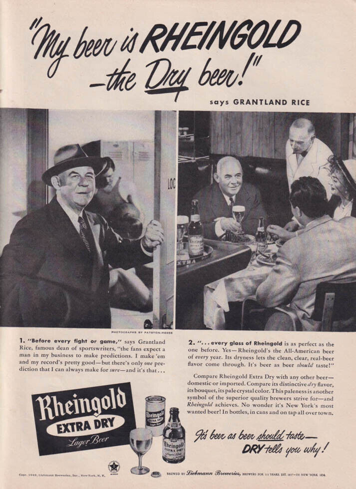 Sportswriter Grantland Rice for Rheingold Extra Dry Beer ad 1948 NY
