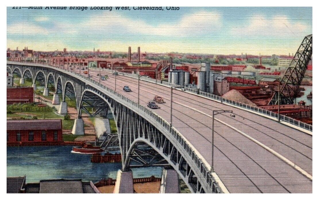 MAIN AVENUE BRIDGE Cleveland, OH linen - Postcard