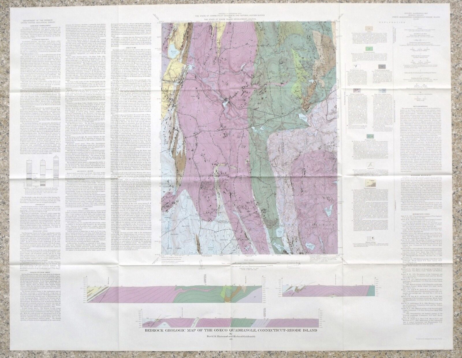 USGS ONECO QUADRANGLE, CONNECTICUT & RHODE ISLAND BEDROCK GEOLOGIC MAP 1974