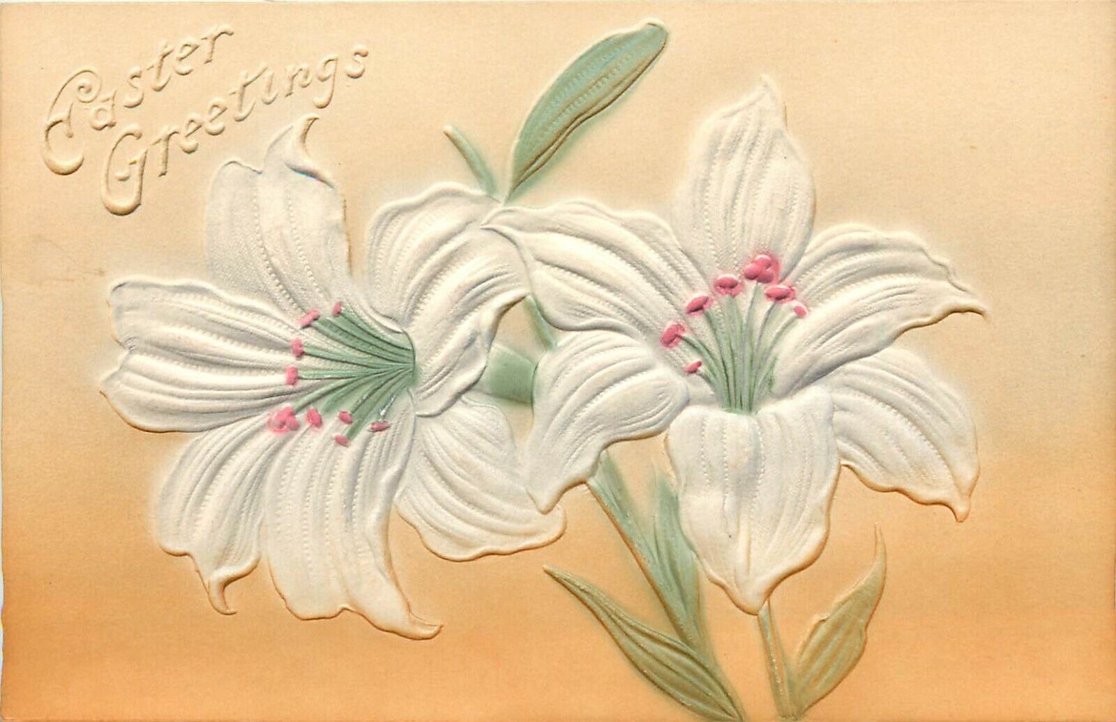 Embossed Airbrush Easter Postcard; Beautiful Easter Lilies, Unposted Nice c1907