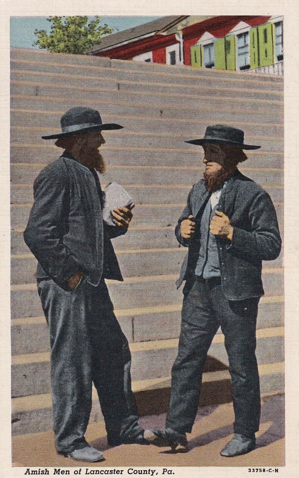 UNPOSTED Lancaster County PA, Amish Men, Pennsylvania VTG LINEN Postcard-J639