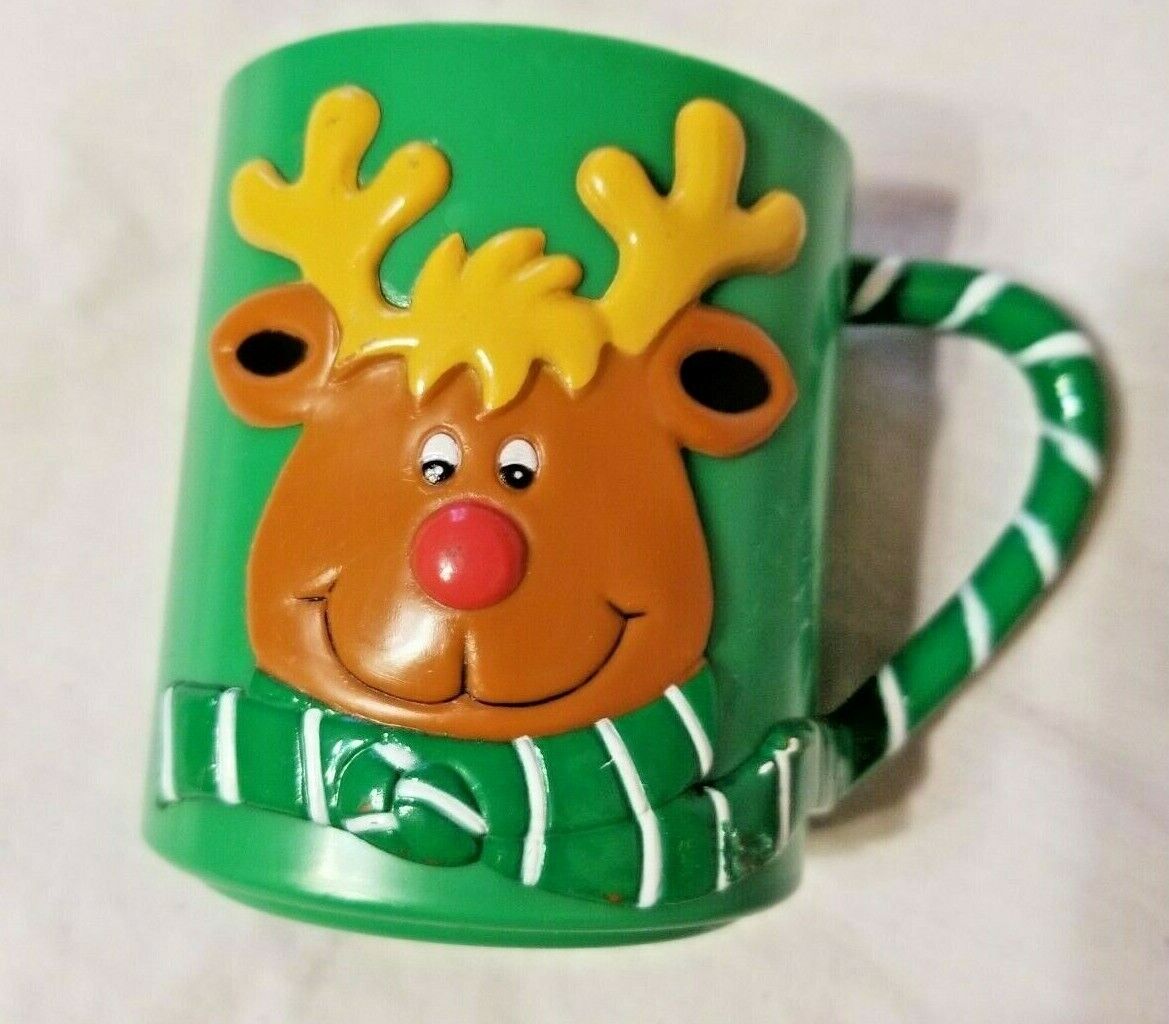 Melamine Christmas cup 3 in tall green reindeer good shape 3.5 diameter childs