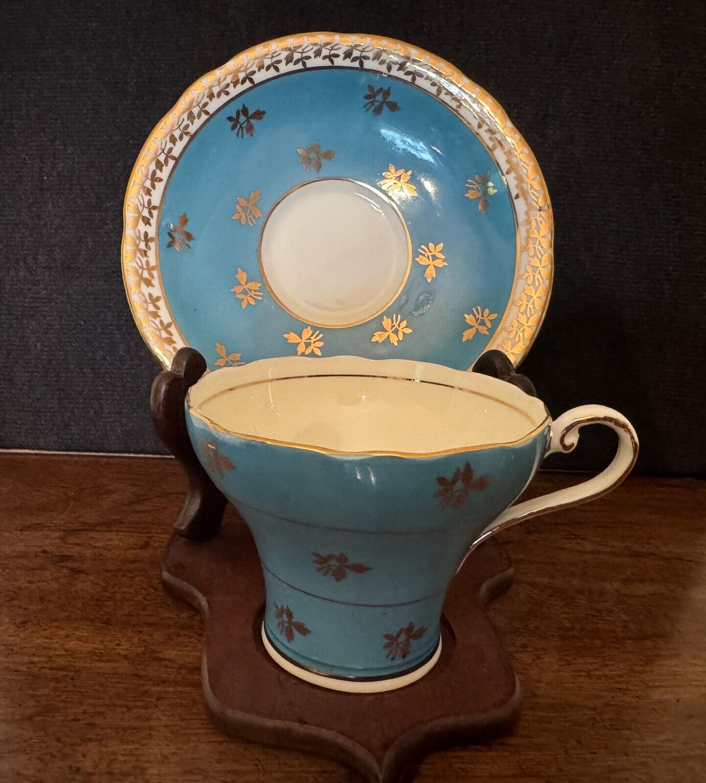 Vintage Aynseley Teal with Gold Flowers Tea Cup & Saucer with Stand