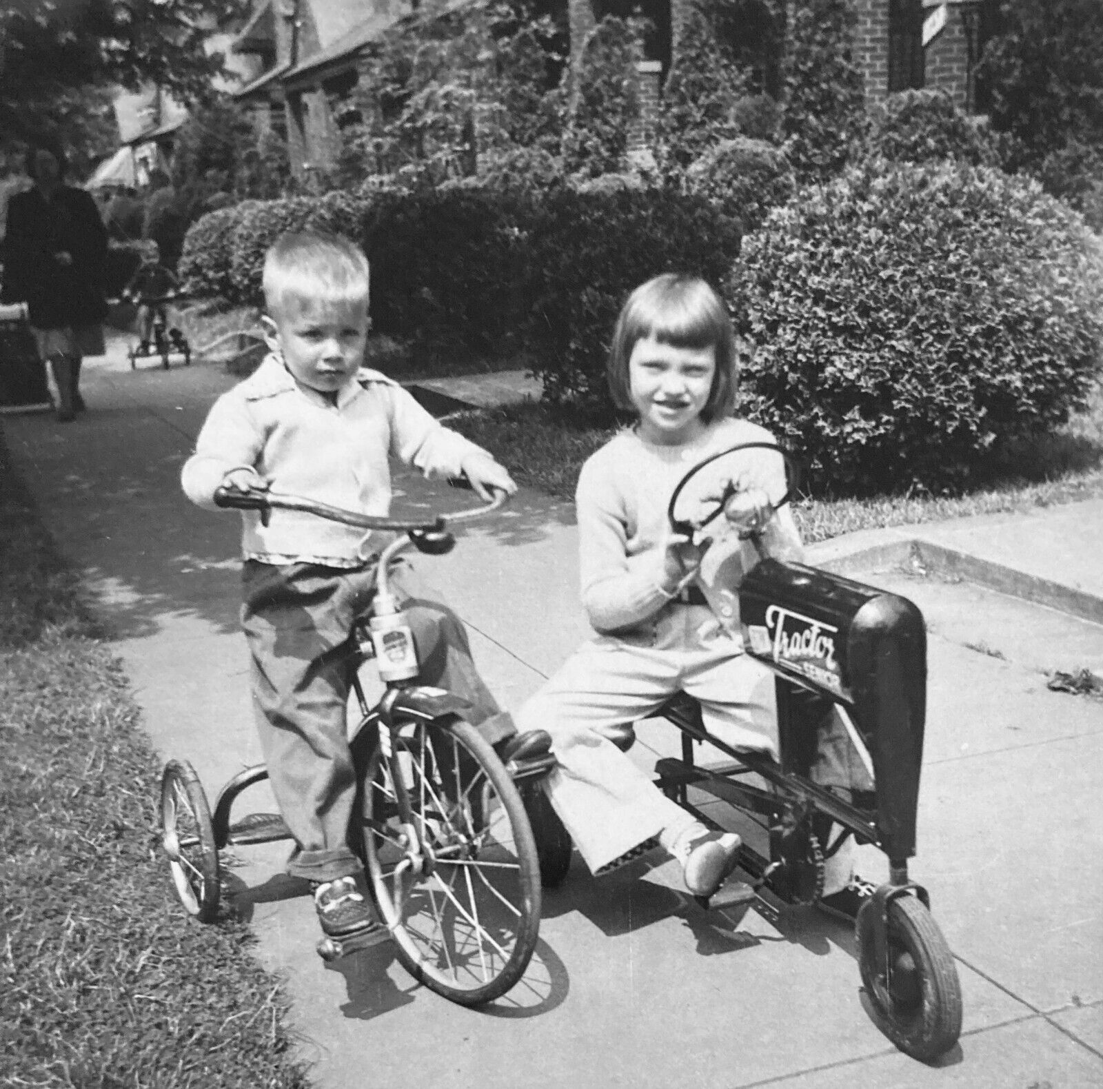 Vintage 1940s Photo Little Boy Tricycle Young Girl Senior Pedal Tractor