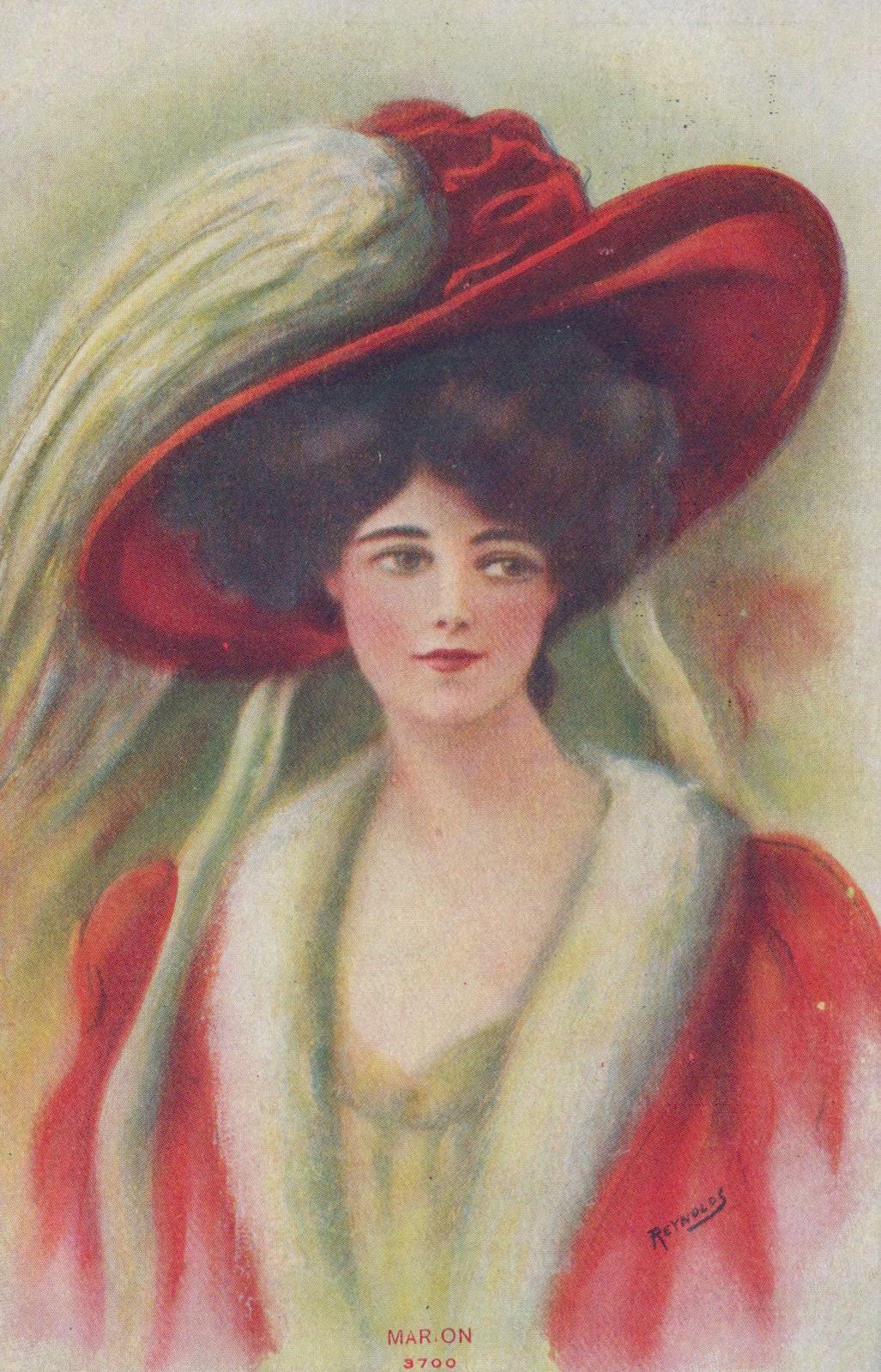 Postcard Fancy Woman Large Red Hat Marion Artist Reynolds 