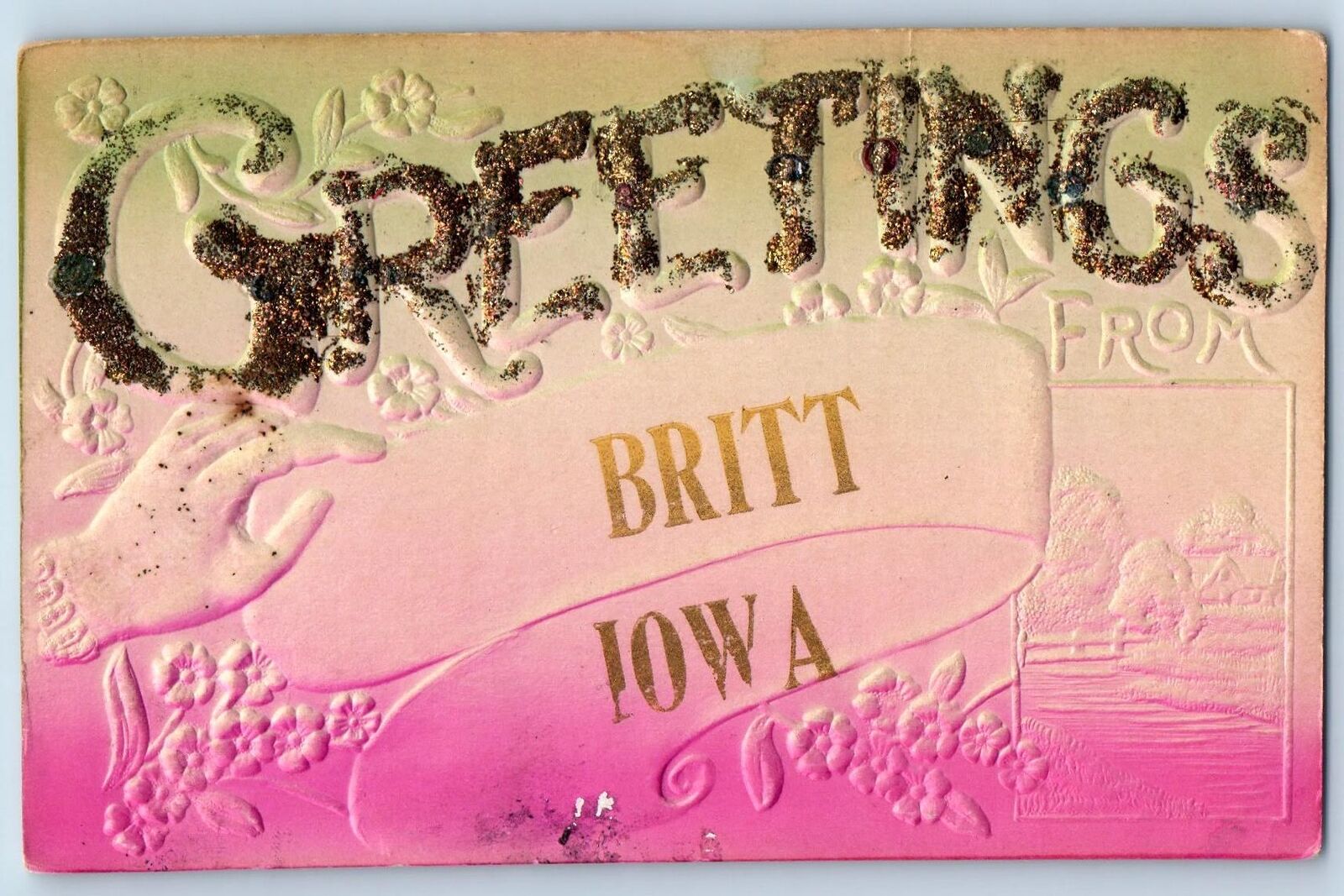 Britt Iowa IA Postcard Greetings Embossed Airbrushed Flower Leaves c1910 Antique