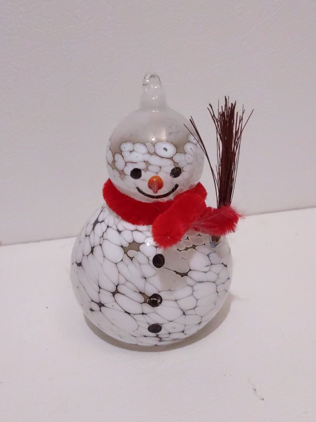 Vintage 1999 Christmas Decoration Blow Glass Snowman Red Scarf Brown Broom 